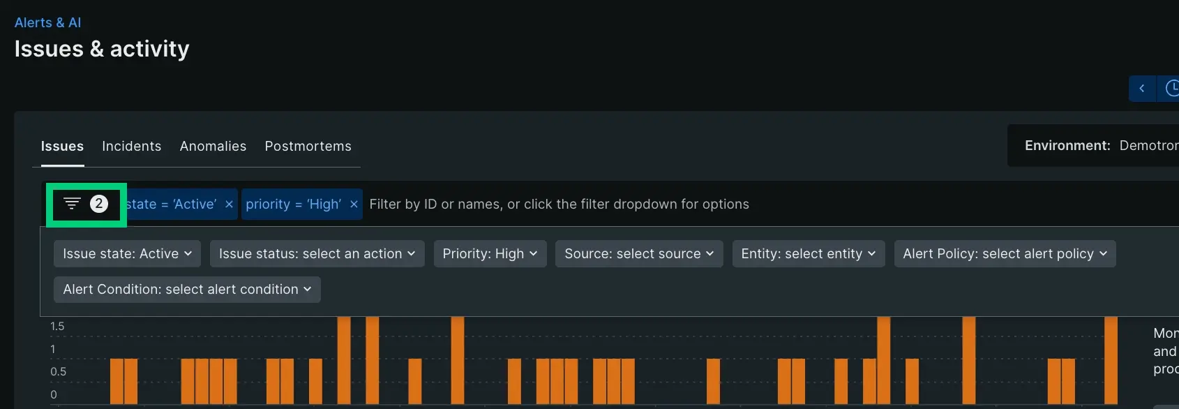 Filter icon options on the alerts issues feed page. A screenshot of the filter icon options on the alerts issues feed page.