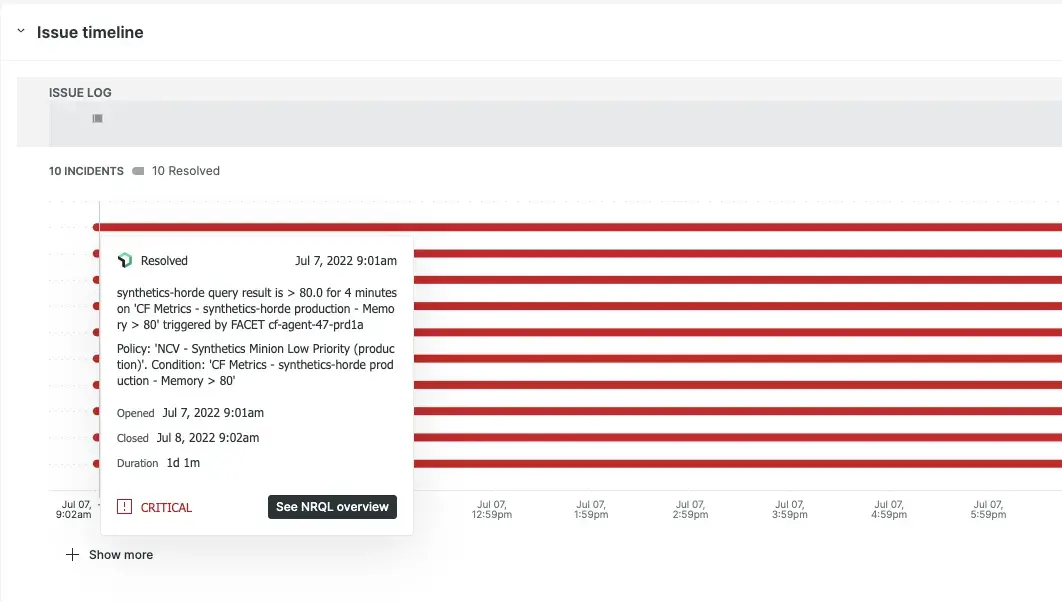 The incident intelligence issue timeline with critical event detail. A screenshot of the incident intelligence issue timeline with critical event detail.