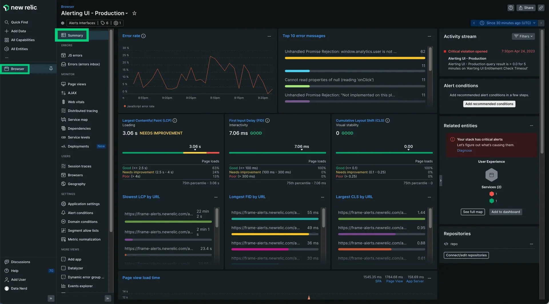 Browser monitoring summary Screenshot of the New Relic browser monitoring summary page