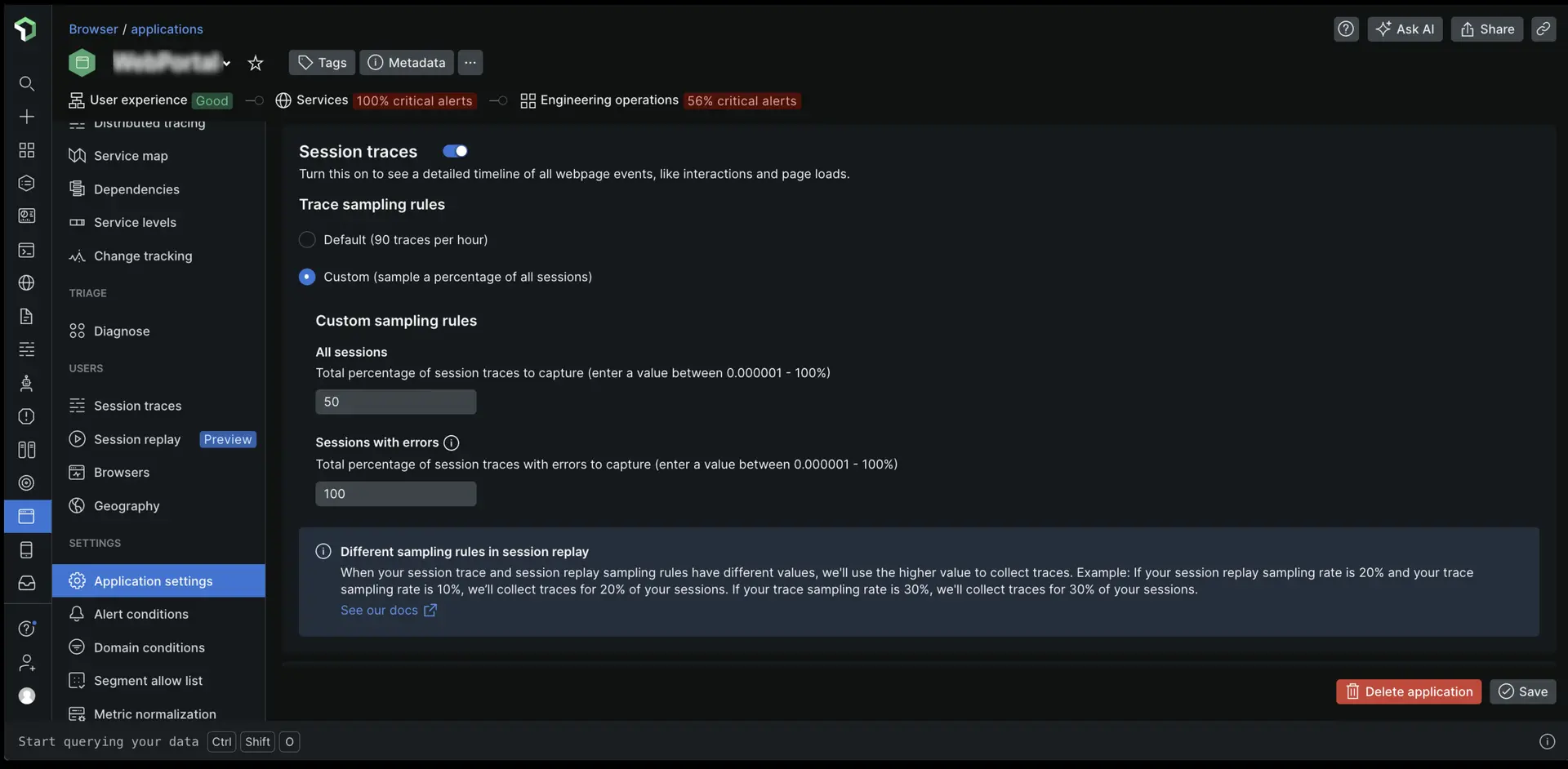 Configure sampling rates in the pplication settings page Screenshot of the application settings page
