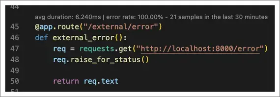 A CodeLens displaying error rate and average duration for a method. A screenshot CodeLens displaying error rate and average duration for a method.
