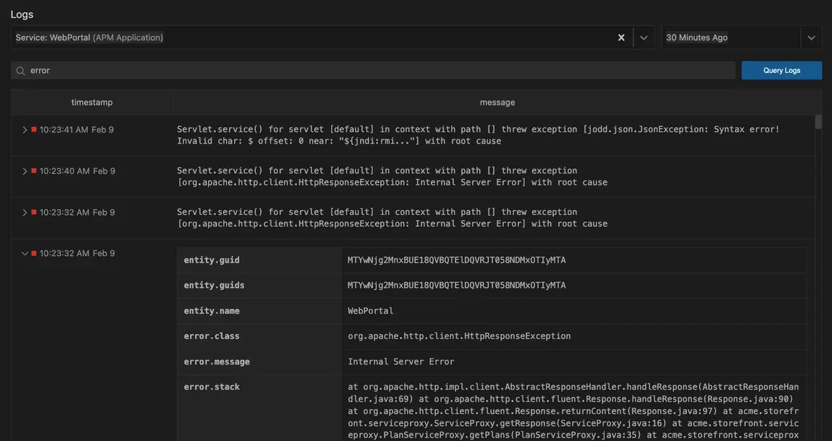 Search logs A screenshot of log search results