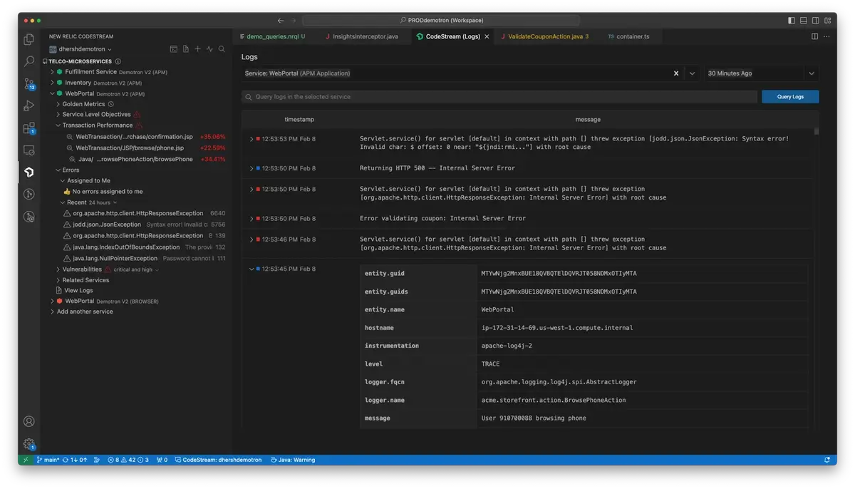 Searching logs from your IDE. An image showing how to search logs.