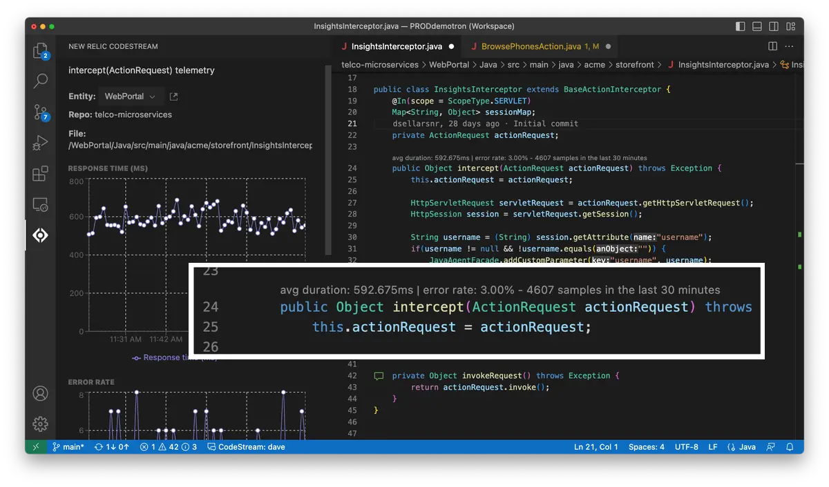 Code-Level Metrics An image showing code-level metrics in the editor.