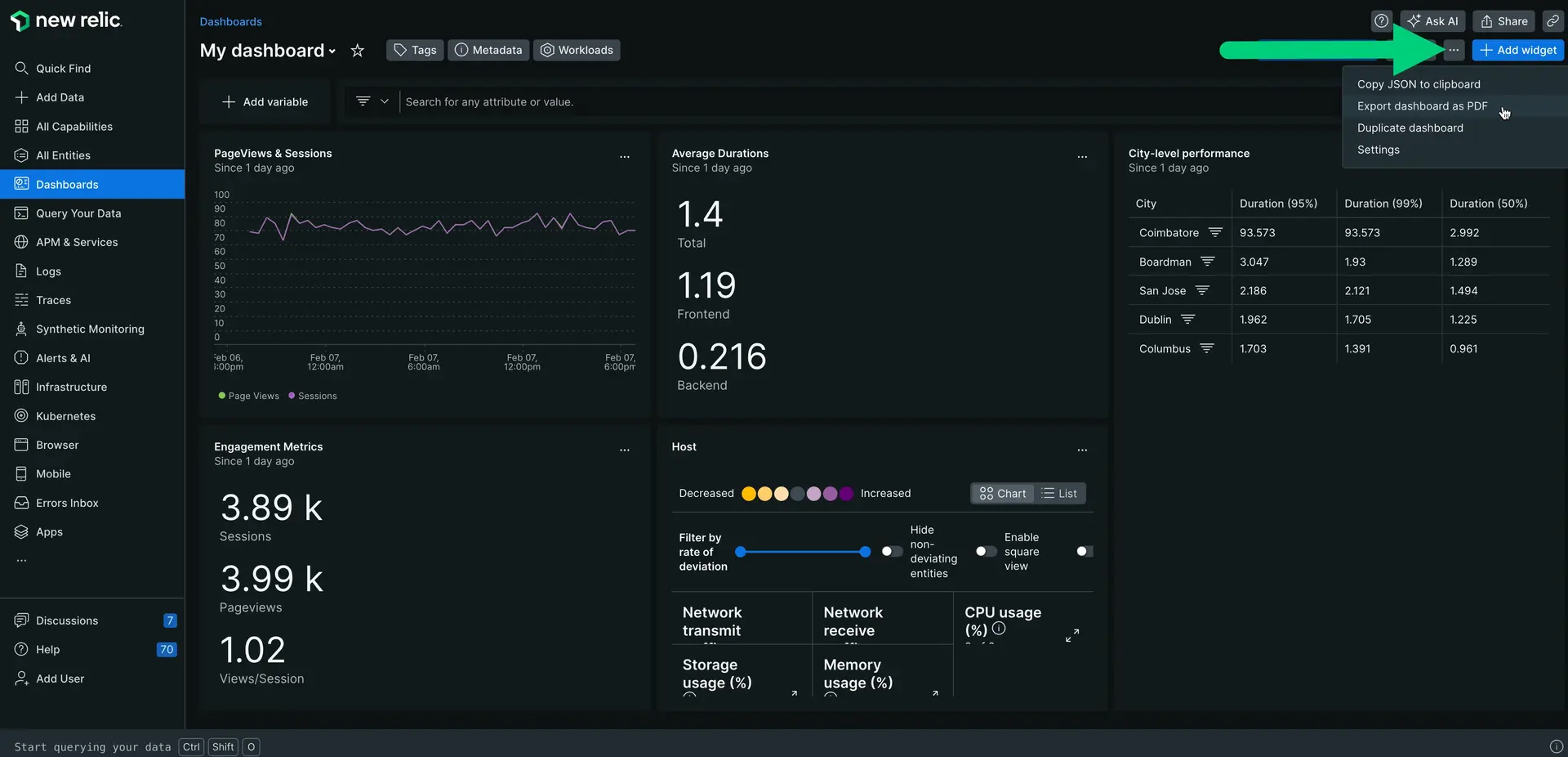 Export dashboard as PDF Screenshot of how to export a dashboard as a PDF file