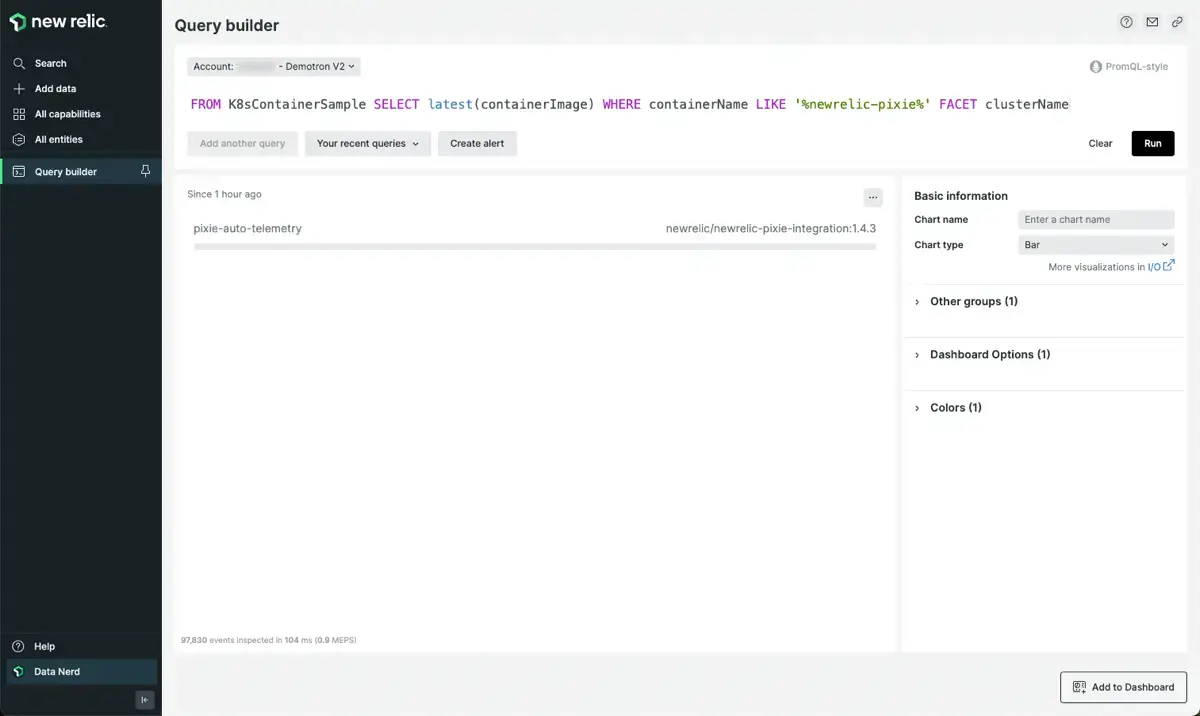 Pixie integration in query builder A screenshot of the query builder to determine which version of the New Relic Pixie integration is installed.