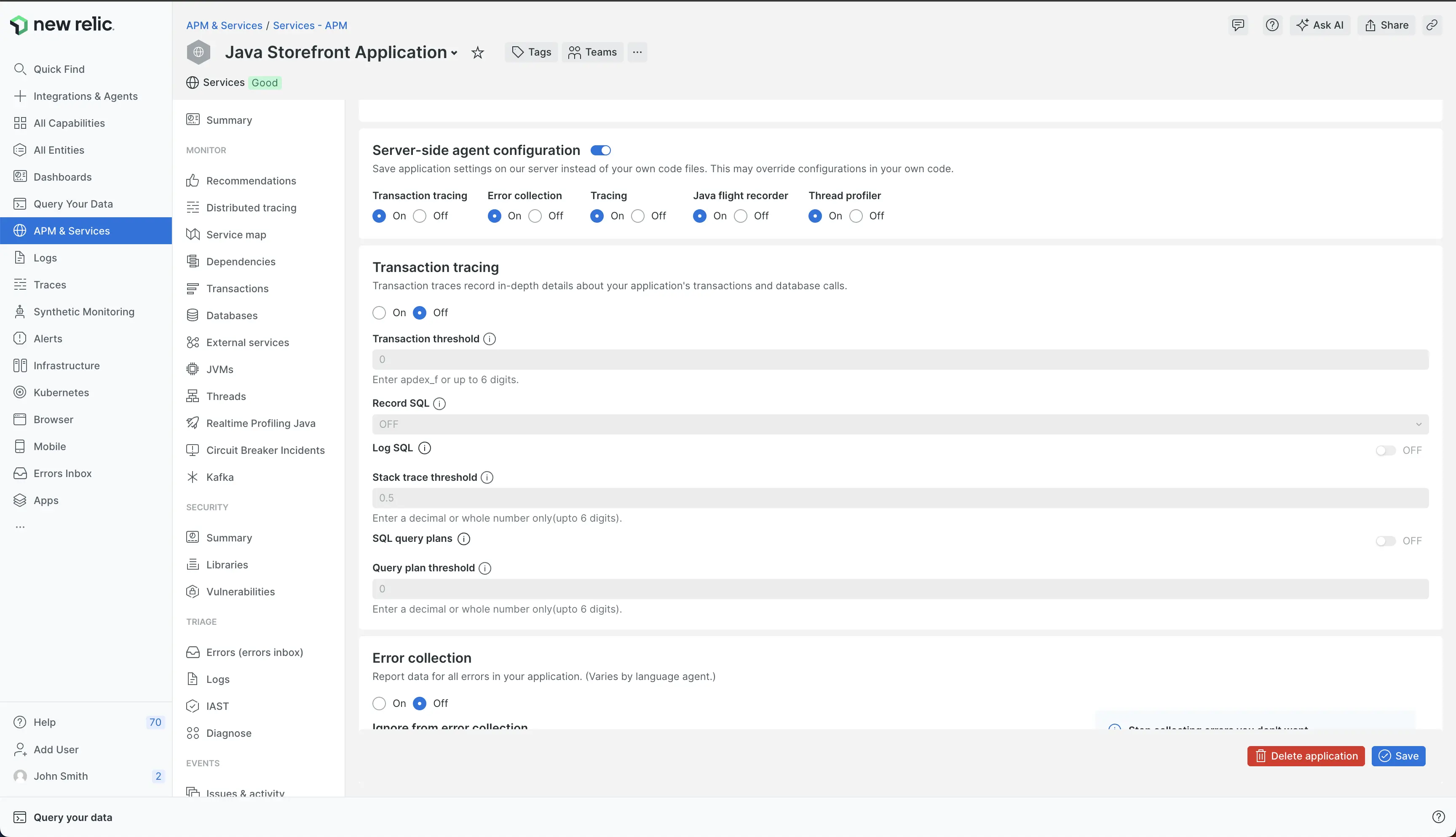 Server side agent configuration Screen capture showing the server side agent configuration.