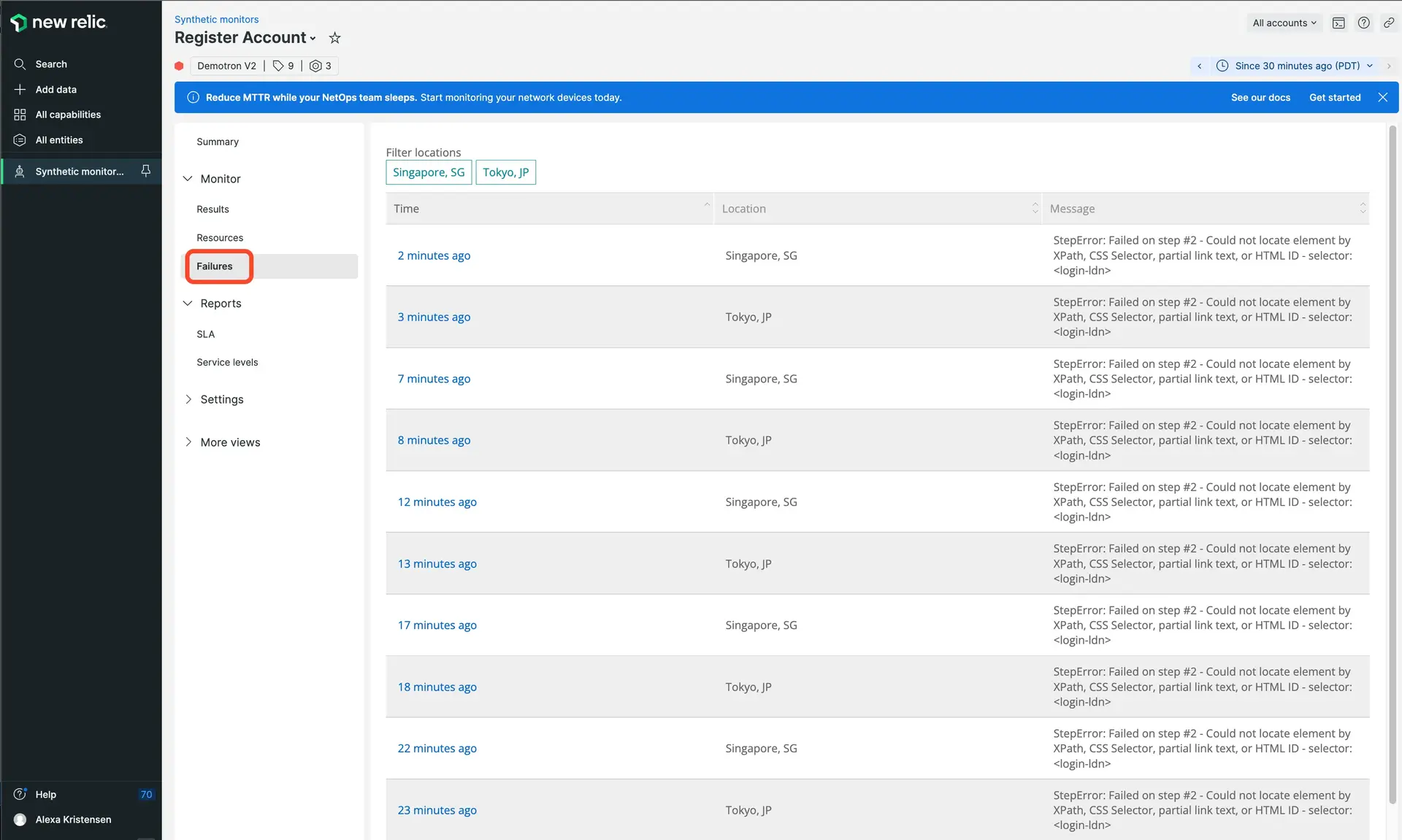Synthetic monitoring - Failures page Synthetic monitoring - Failures page